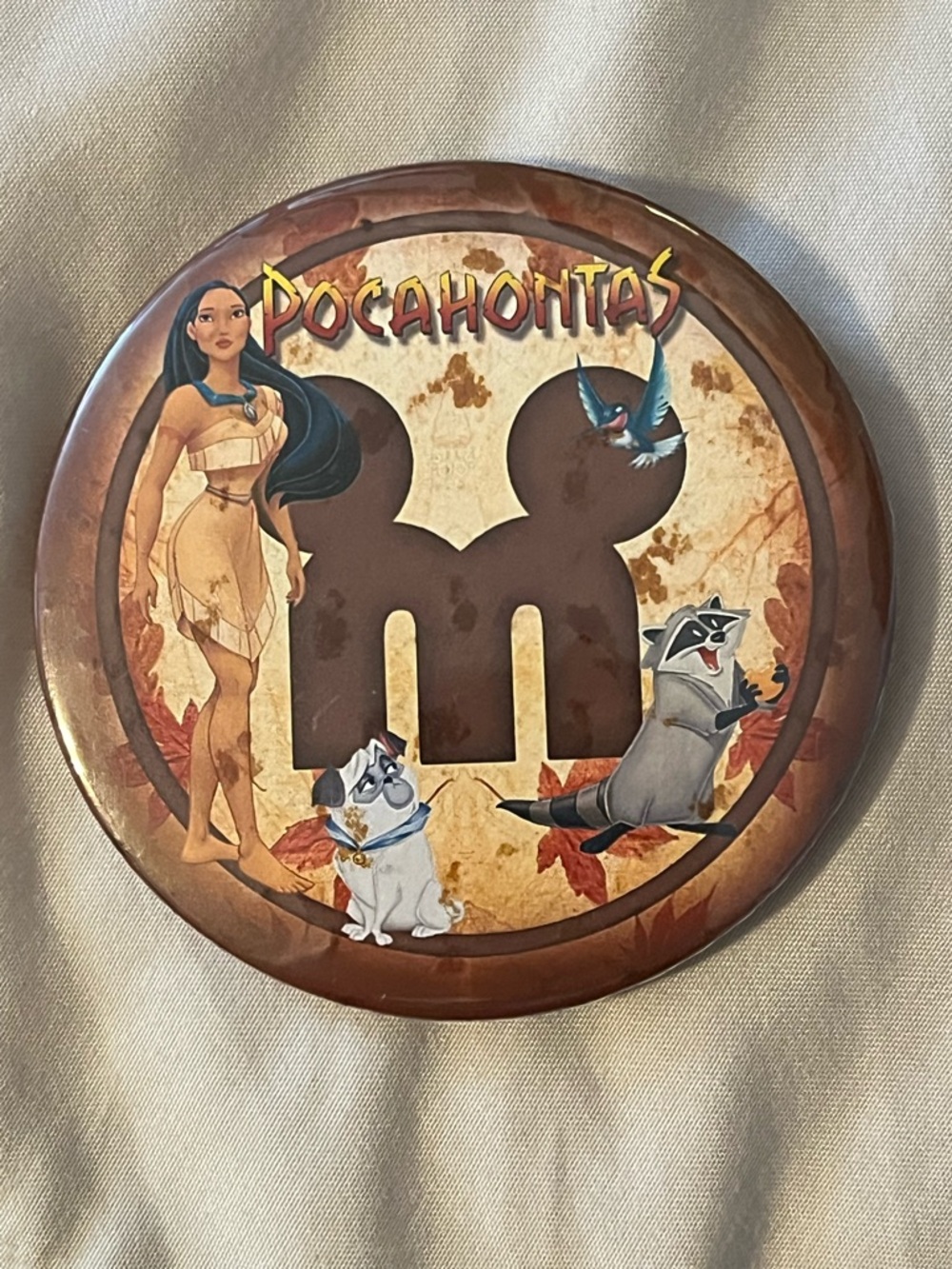 Disney Pocahontas Round Character Button - Brown, Tan, Cream